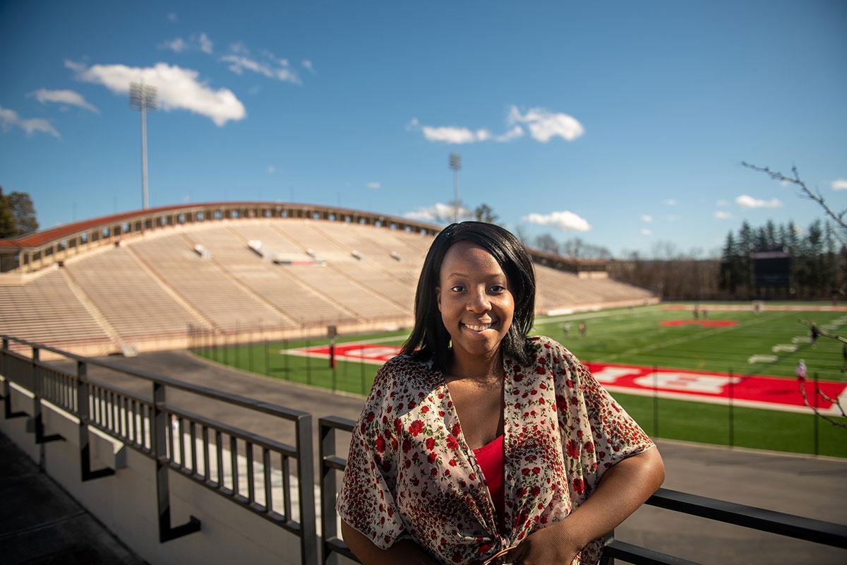 Grace on the Tanner Terrace overlooking Schoellkopf Field. 