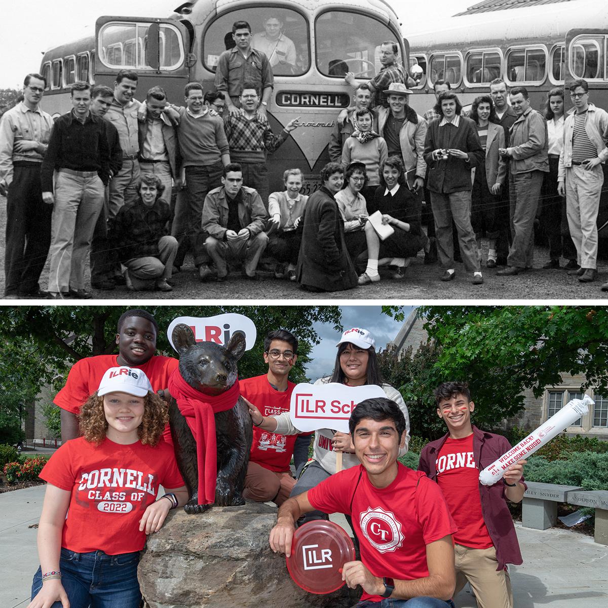 (Top) Students took field trips to factories in New York state and Pennsylvania coal mines; (Bottom) ILR students heading to the Homecoming football game.. 