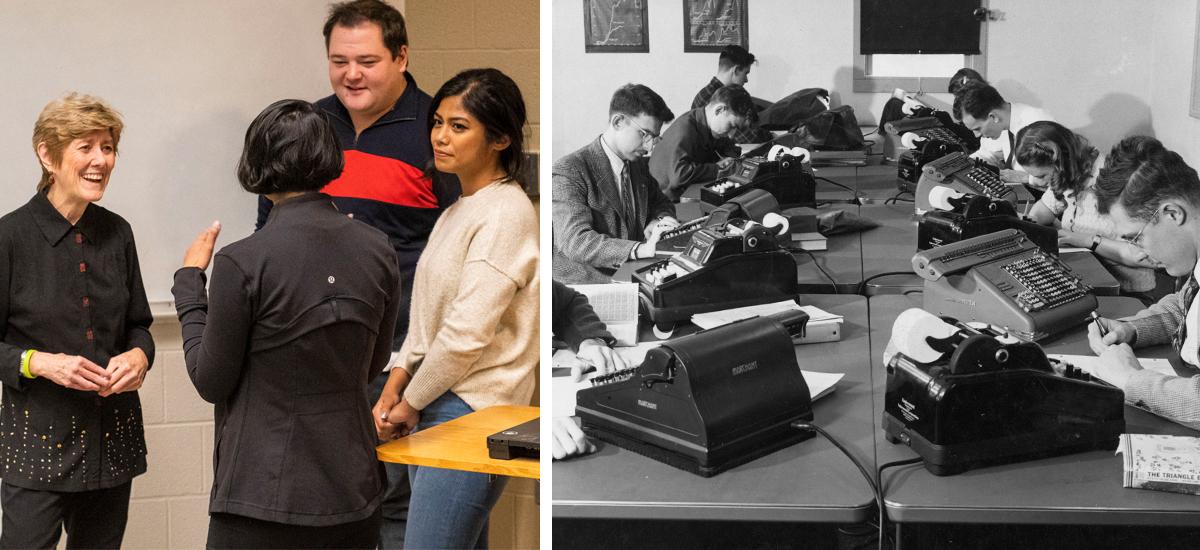 (Left) Rose Batt speaks with students in 2019, (right) Students in a stat class in 1947 