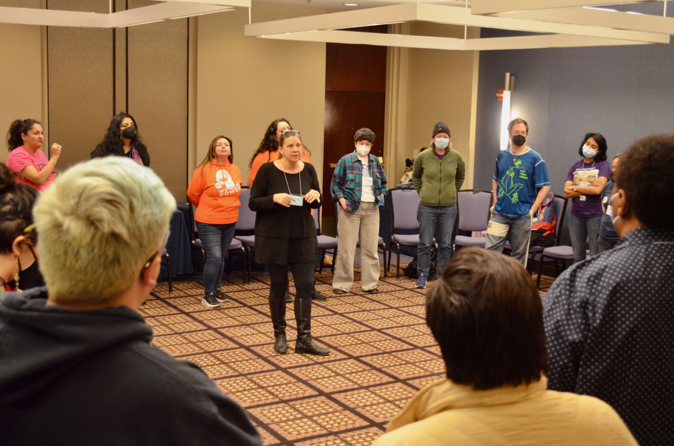 CJI’s Melissa Shetler facilitates a workshop on “Theater of the Oppressed” with the New Jersey based worker organizing center New Labor and Labor Notes attendees from across the country.  