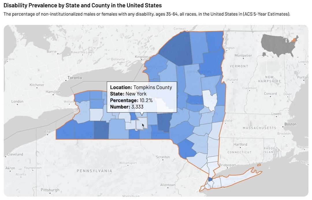 Screenshot from DisabilityStatistics.org. Text says: Disability Prevalence by State and County in the United States. The percentage of non-institutionalized males or females with any disability, ages 35–64, all races, in the United States in (ACS 5-Year Estimates). The screenshot also shows a map with New York state with an outline around each county. A mouse pointer is over Tompkins County, and popped-up text says: Location: Tompkins County; State: New York; Percentage 10.2%; Number 3,333.