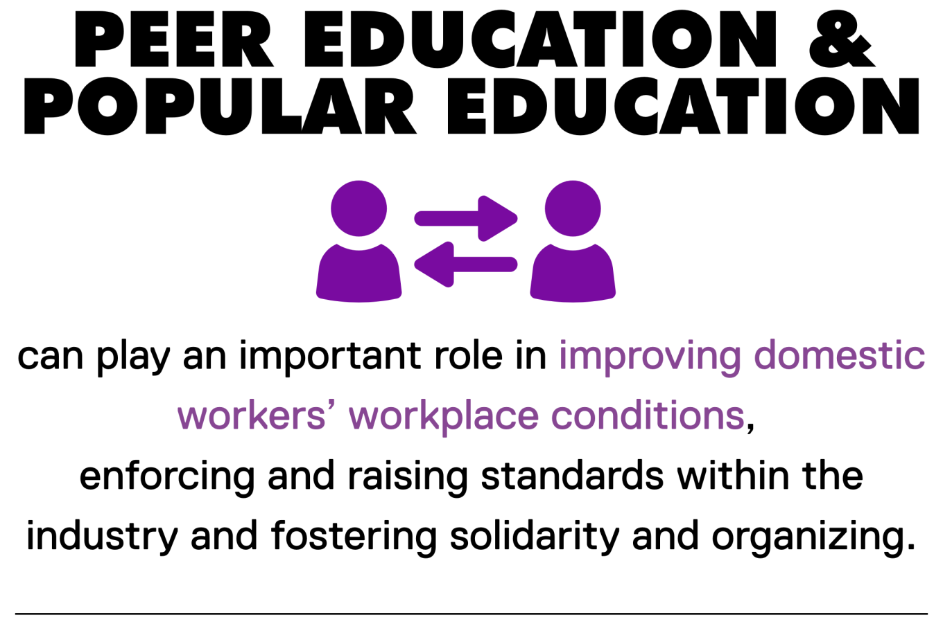 Peer education and popular education can play an important role in improving domestic workers’ workplace conditions, enforcing and raising standards within the industry and fostering solidarity and organizing.