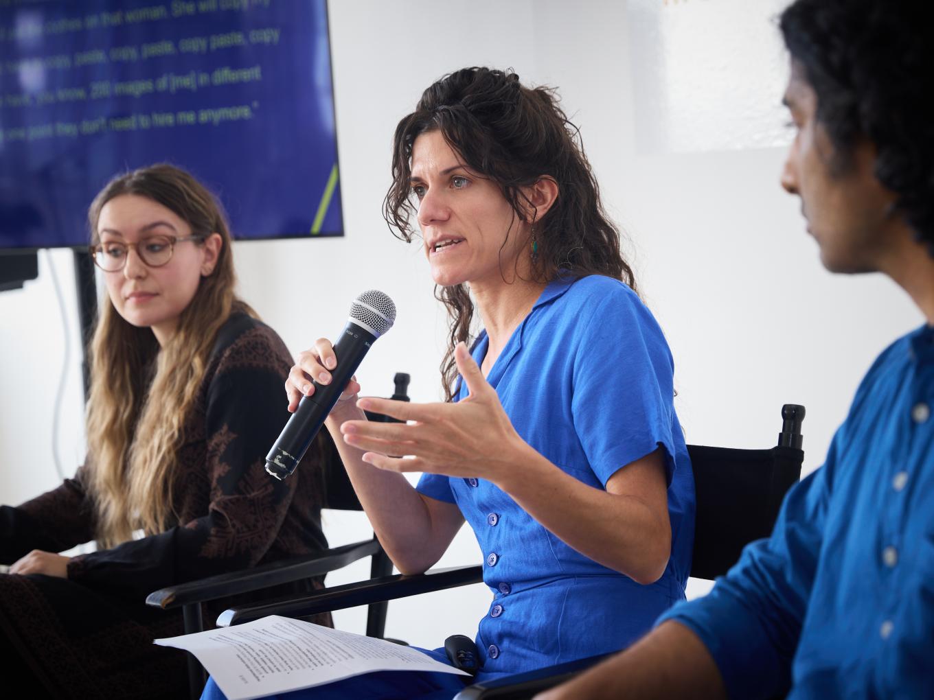 Alexandra Mateescu, Zoe West and Sanjay Pinto discussing their research at Model Alliance NYC