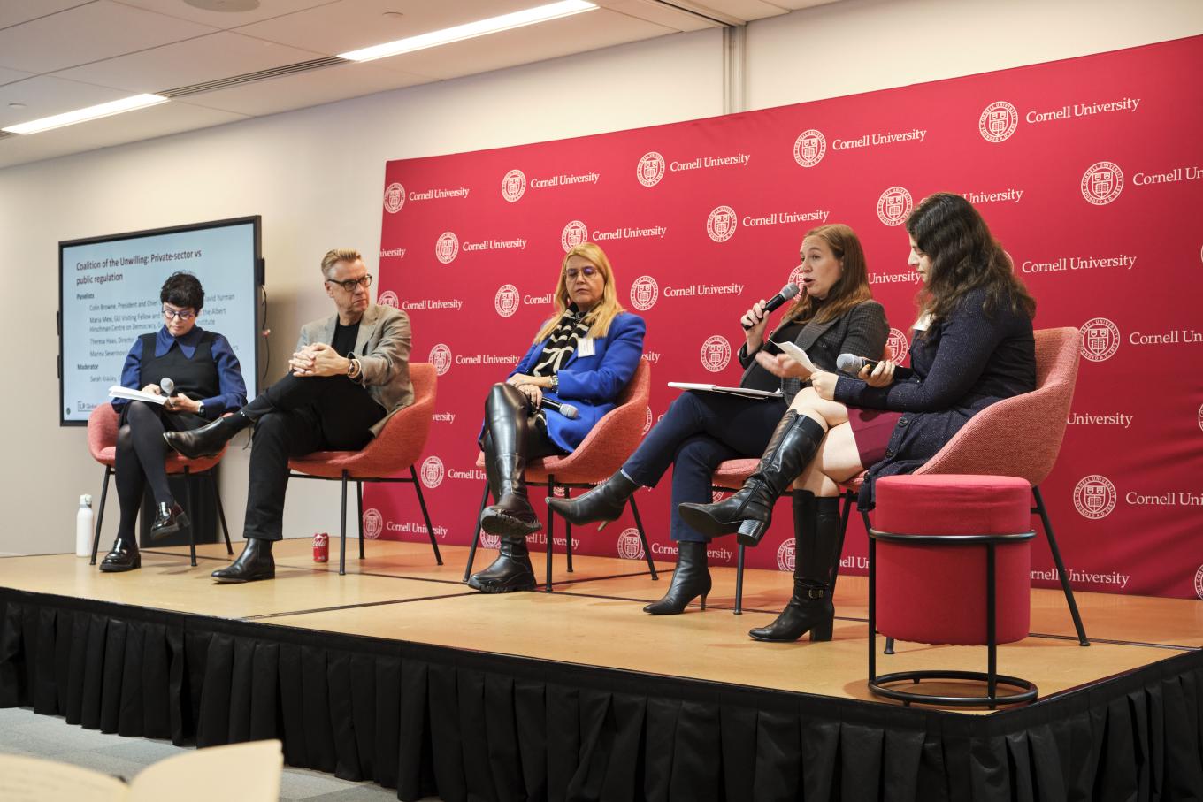 Sarah Krasley, Colin Browne, Maria Mexi, Theresa Haas, and Marina Severinovsky take part in a panel discussion at the 2025 Global Labor Institute conference in New York City
