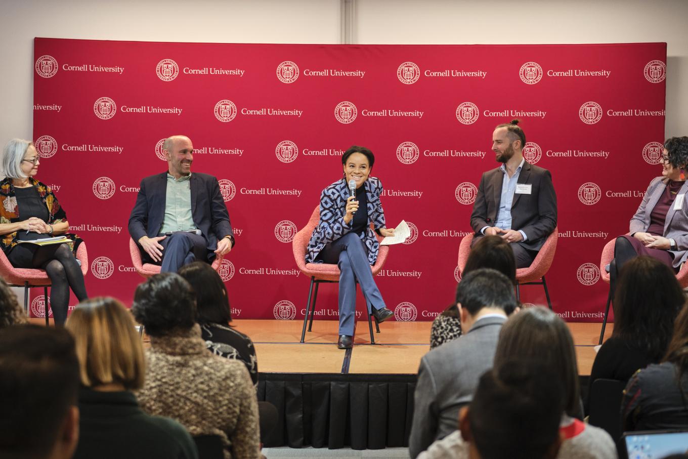Thea Lee, Josh Kagan, Samira Rafaela, Daniel Murphy, and Laura Murphy take part in a panel discussion at the 2025 Global Labor Institute conference in New York City