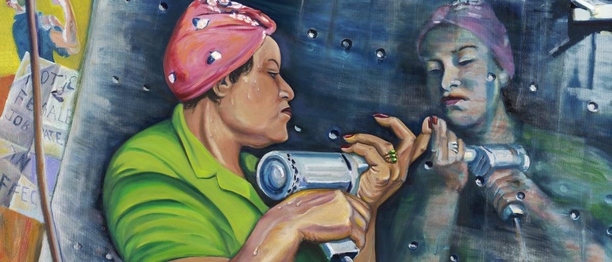 Painting of Black woman working as a riveter in "Rosie the Riveter" style