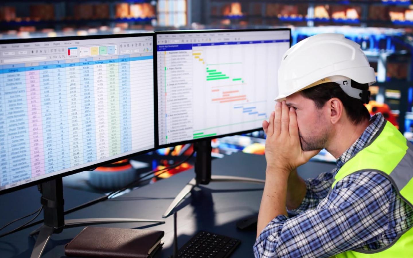 Two displays of logistical data in front of a seated worker who appears stressed out