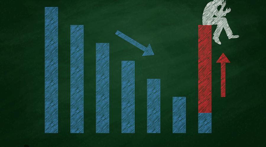 concept drawing of a negative rise bar graph with a person seated on the final bar, which is raised sharply up from the rest of the bars.