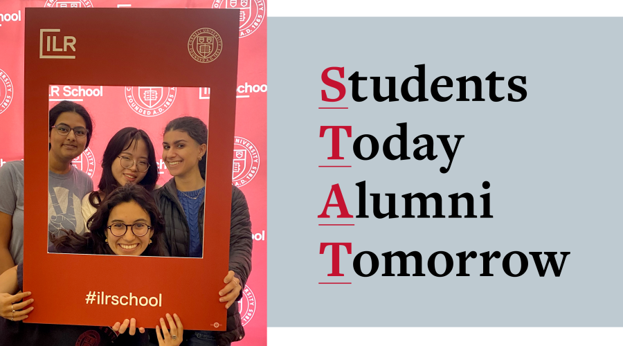 Students Today Alumni Tomorrow text next to an image of four students posing with an oversized ILR photo frame