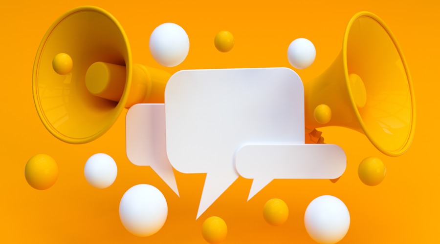 A bullhorn and text bubbles over an orange background. 