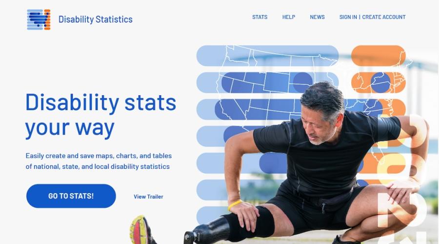 Screenshot of Disability Statistics Home page shows the tagline "Disability stats your way". It also shows an athlete doing a sqat. The athlete has a prosthetic leg.