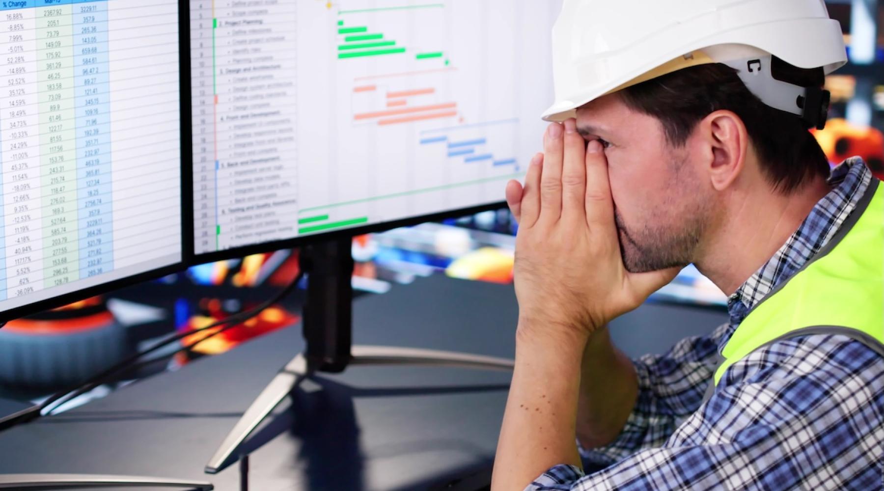 Two displays of logistical data in front of a seated worker who appears stressed out and who is wearing a hard hat, plaid shirt, and safety vest