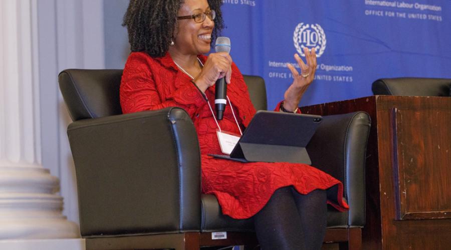 McGill University Professor Adelle Blackett speaking at an International Labour Organization event.