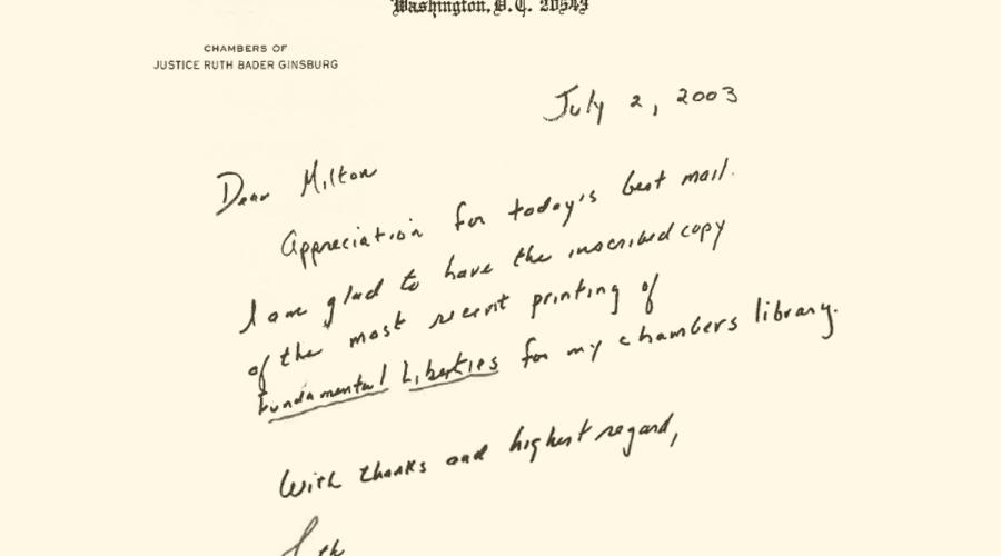 A handwritten note from U.S. Supreme Court Justice Ruth Bader Ginsburg, written from her chambers in 2001, to ILR Professor Milton Konvitz.