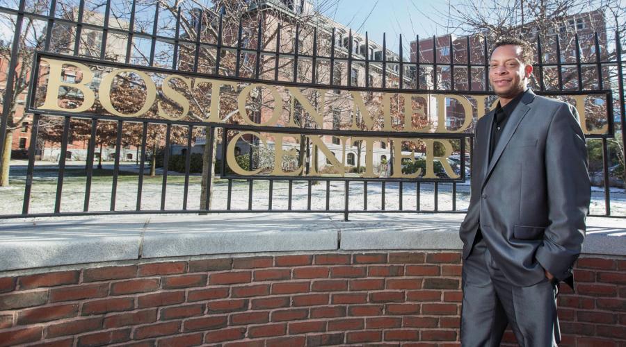 Labor leader Tyrek Lee in front of the Boston Medical Center