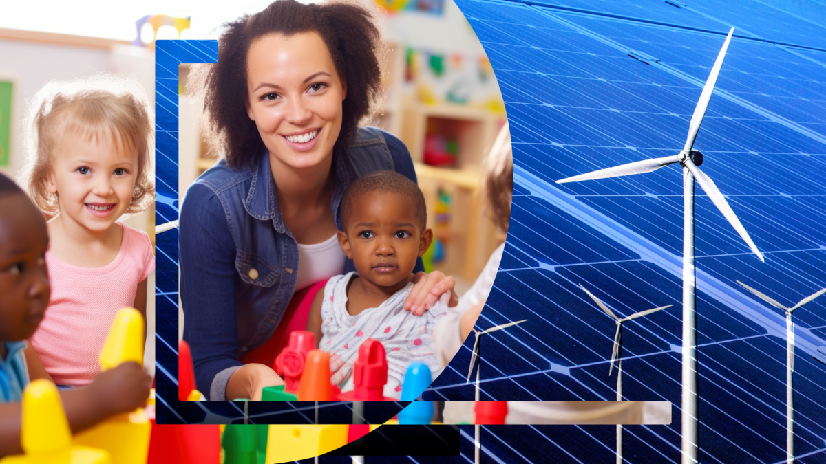 Childcare worker with children over background of solar panels and wind turbines