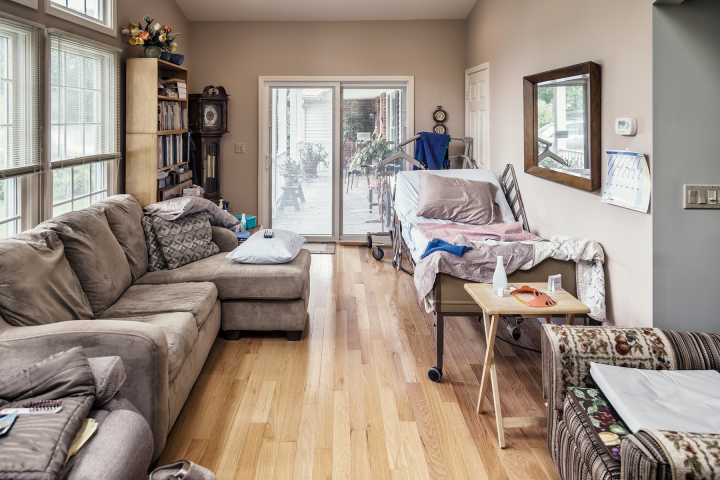 A hospital bed in a living room