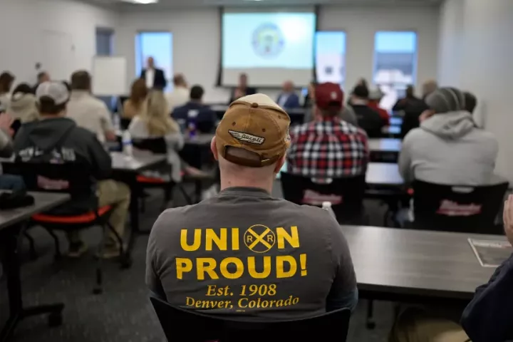 Photo of union workers at press conference for the launch of Climate Jobs Colorado