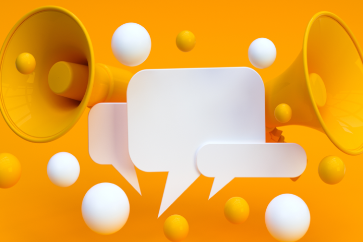 A bullhorn and text bubbles over an orange background. 