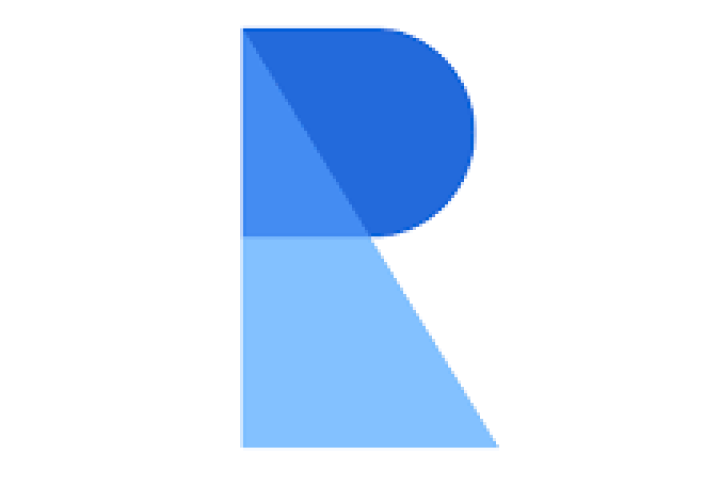 An R appears on a white background, with the R being made up of geometric shapes in different shades of blue.