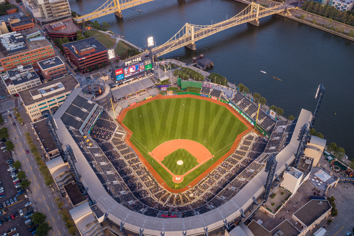 An overhead view of PNC Baseball Park in Pittsburgh, Pennsylvania
