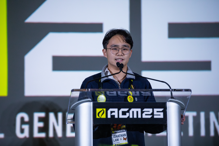  Jonathan Lam ’27 speaking at the People Power Awards ceremony during Amnesty International USA's Annual General Meeting, held in February at the Westin Book Cadillac in Detroit. 