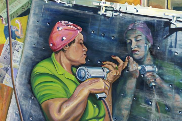 Painting of Black woman working as a riveter in "Rosie the Riveter" style
