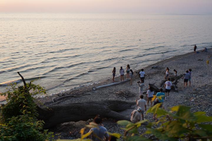 Buffalo High Road students at the beach, walking along the shore