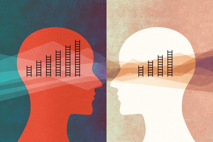 This image is a conceptual illustration representing contrasting mindsets or perspectives.