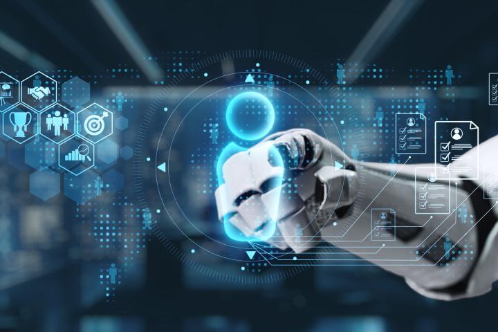 A robotic hand interacts with digital icons in a futuristic workspace showcasing technology, data, communication, and innovation themes.