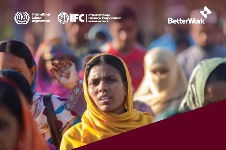 The fron page of "The Heat is On" report. A woman stands with a yellow fabric over her head, and the title "The Heat is On: How heat stress impacts the apparel industry, jobs, and worker health" is on a dark maroon background. The logos of Cornell University, the Global Labor Institue, and the Facility for Investment Climate Advisory Services sit on the bottom of the page on a white background.