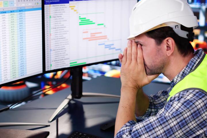 Two displays of logistical data in front of a seated worker who appears stressed out and who is wearing a hard hat, plaid shirt, and safety vest