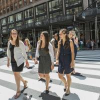 ILR student interns cross a street in NYC